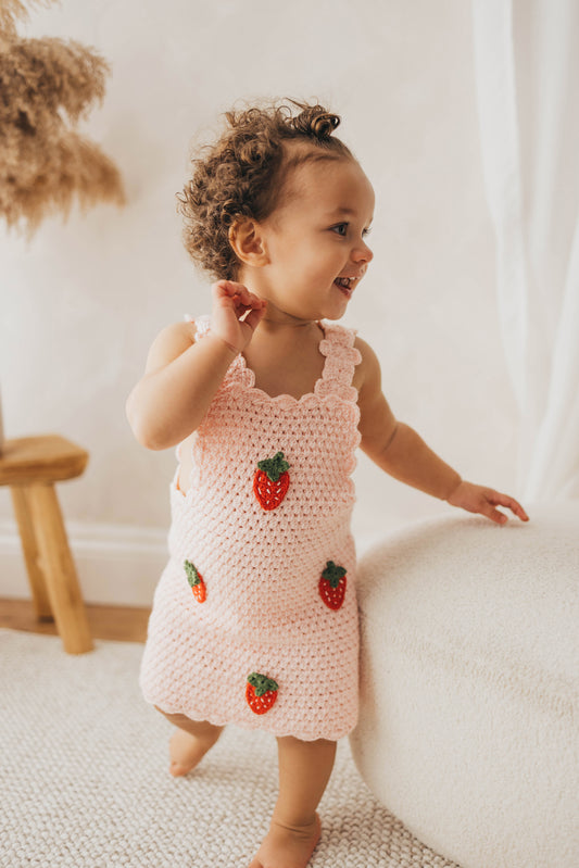 Hand crochet thick strawberry dress baby pink