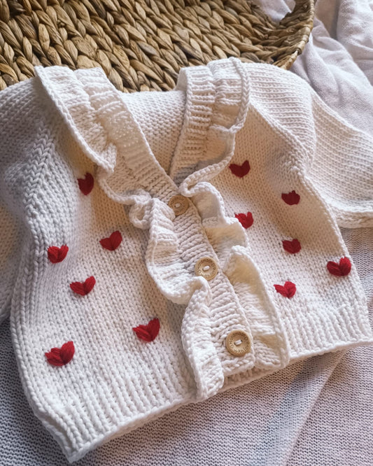 Pre order summer hand knitted love heart ruffle cardigan