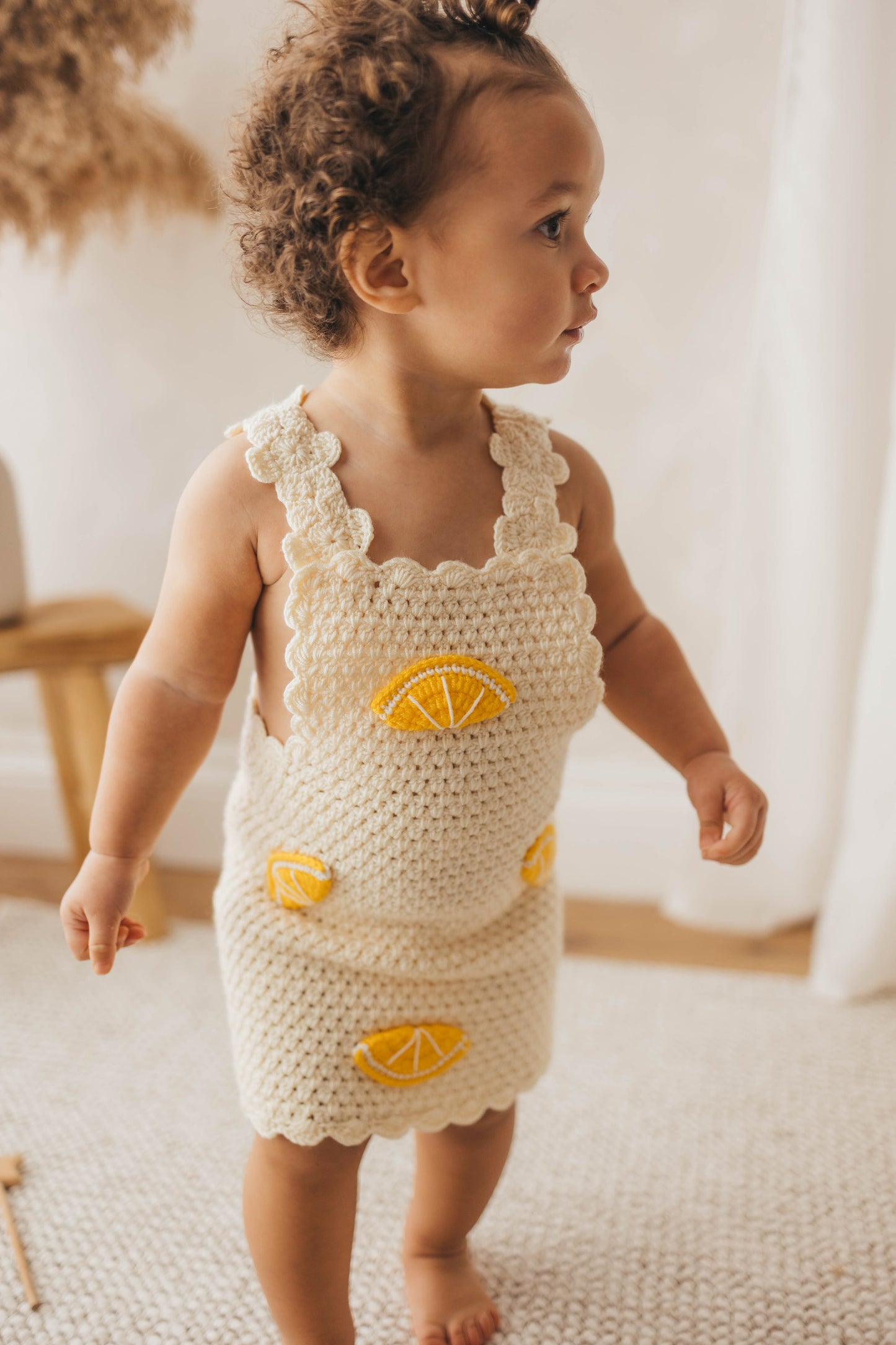 Hand crochet thick cream and lemon dress