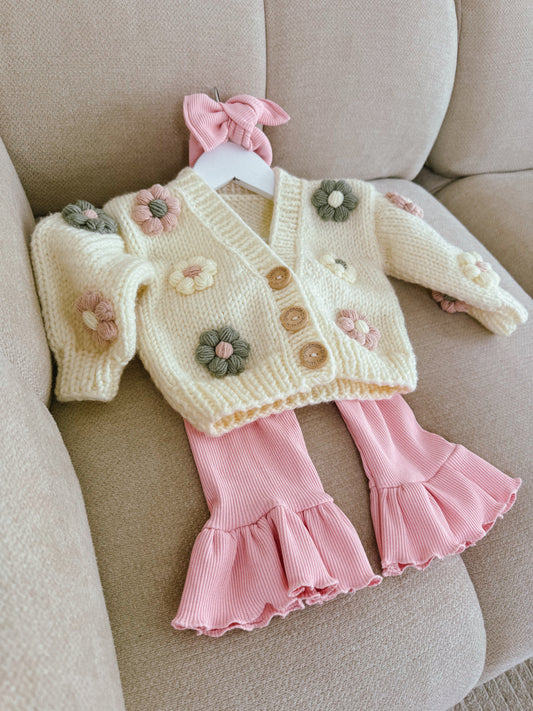 Handknitted summer pink cream and sage flower cardigan