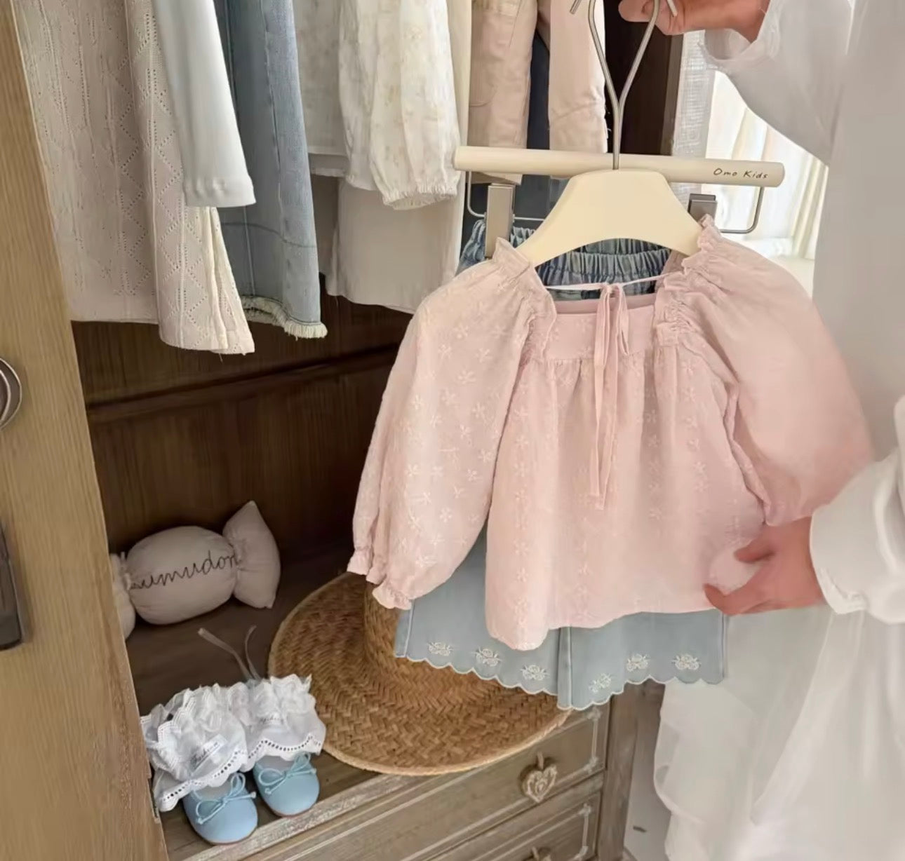 Pink blouse & wide leg embroidered jeans set