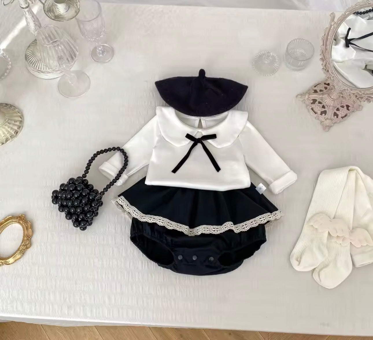 Two piece velvet bow cotton top and matching bloomers