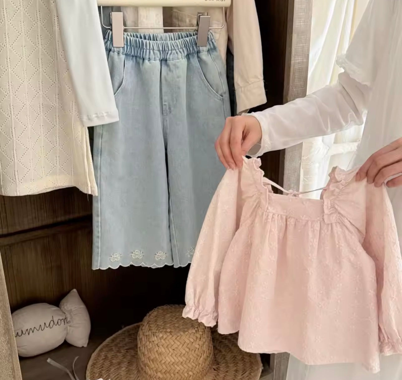 Pink blouse & wide leg embroidered jeans set