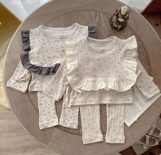 Autumn floral soft cotton 3 piece top, legging, frill bib set