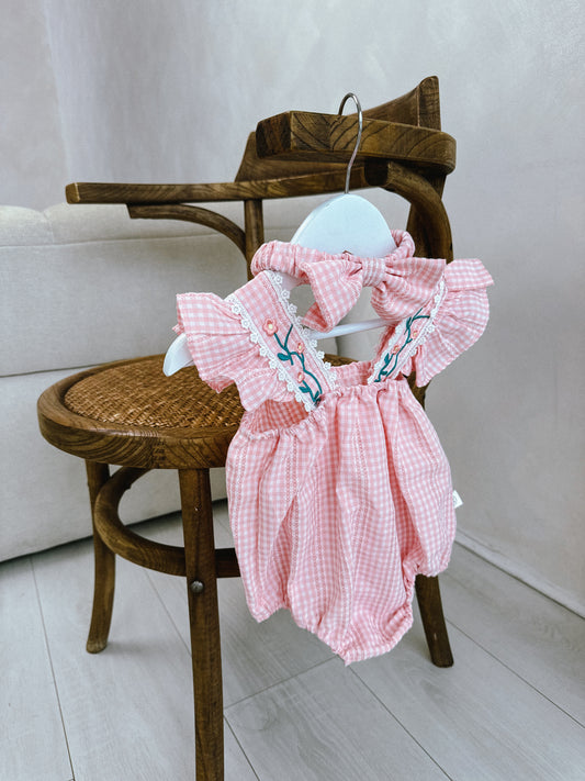 In stock summer gingham embroidered flower detail romper & headband