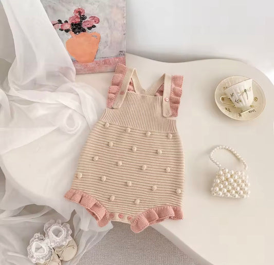 Beige and pink knit dot romper