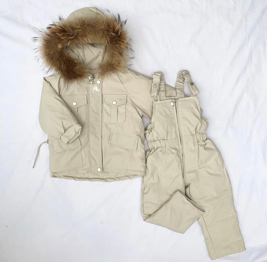 Duck down snowsuit set with a faux fur trim