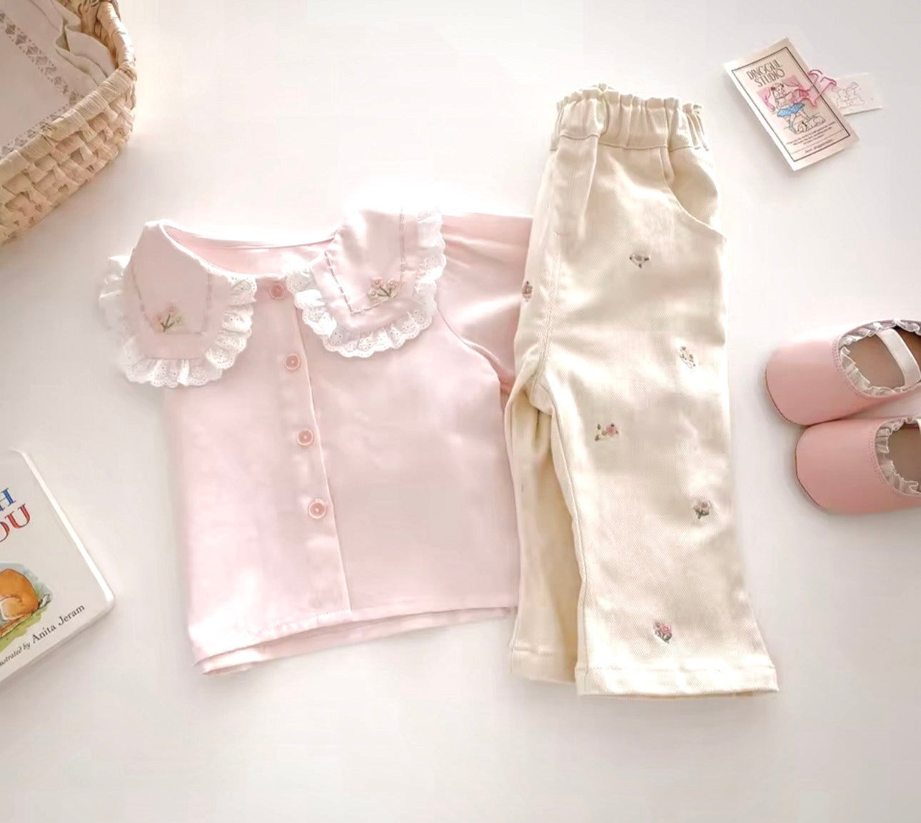 Baby pink flower embroidered collar top and cream jeans set