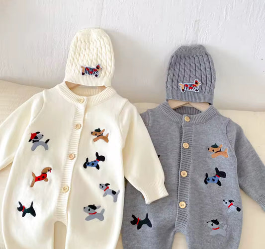 Thick knit dachshund print romper hat sets