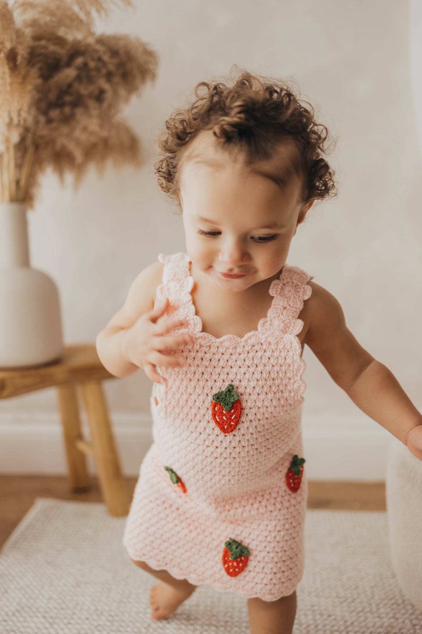 Hand crochet thick strawberry dress baby pink