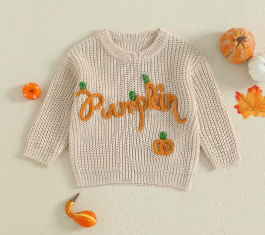 Pumpkin embroidered beige knitted jumper