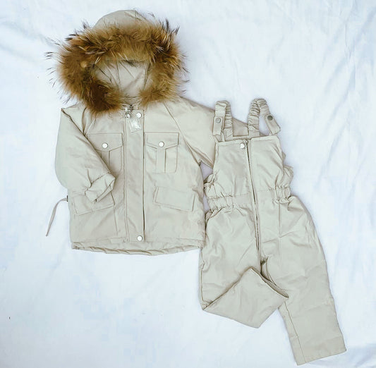 Duck down snowsuit set with a faux fur trim