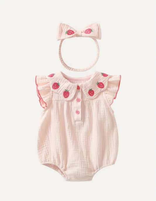 Pre order summer cotton strawberry embroidered romper and headband