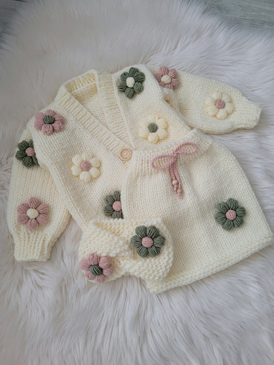 Handknitted 3 piece sets (cardigan, skirt, headband)