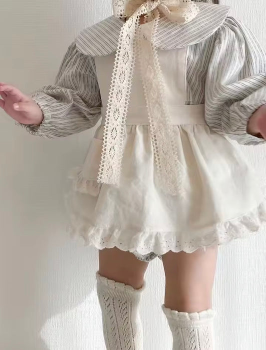 Cream romper and baby blue stripe collar top set