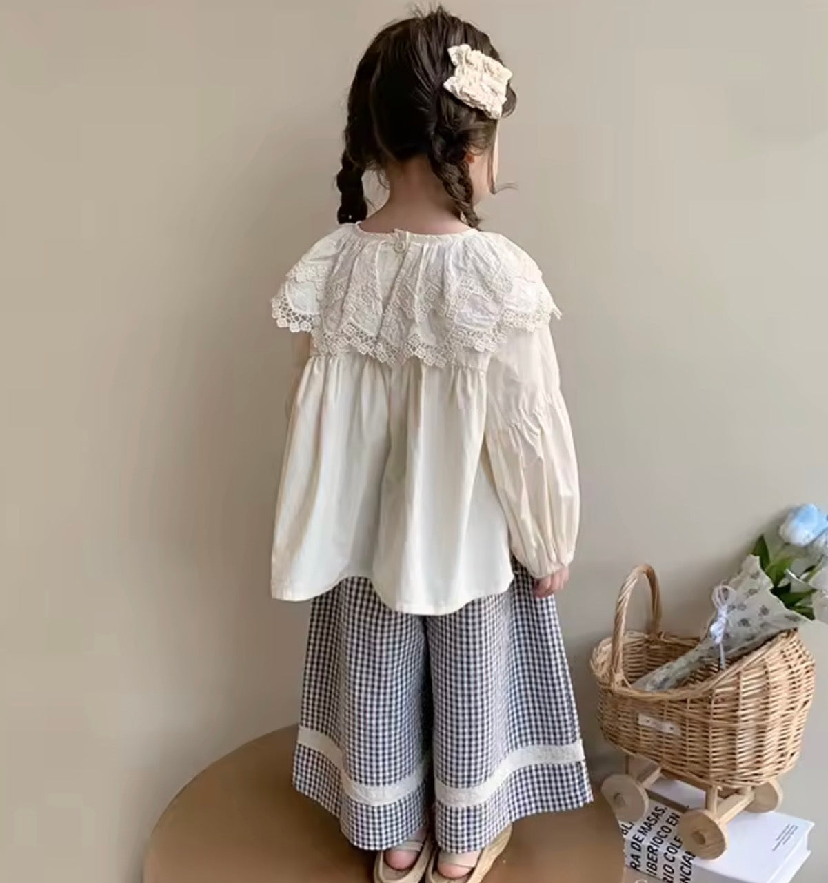 Oversized frill collar top and chequered wide leg trouser set