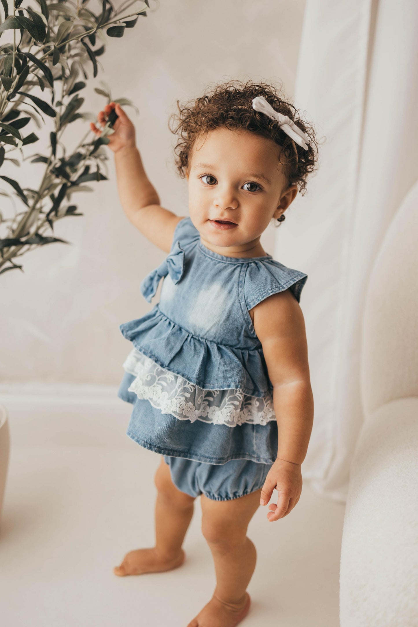 Denim lace trimmed two piece set