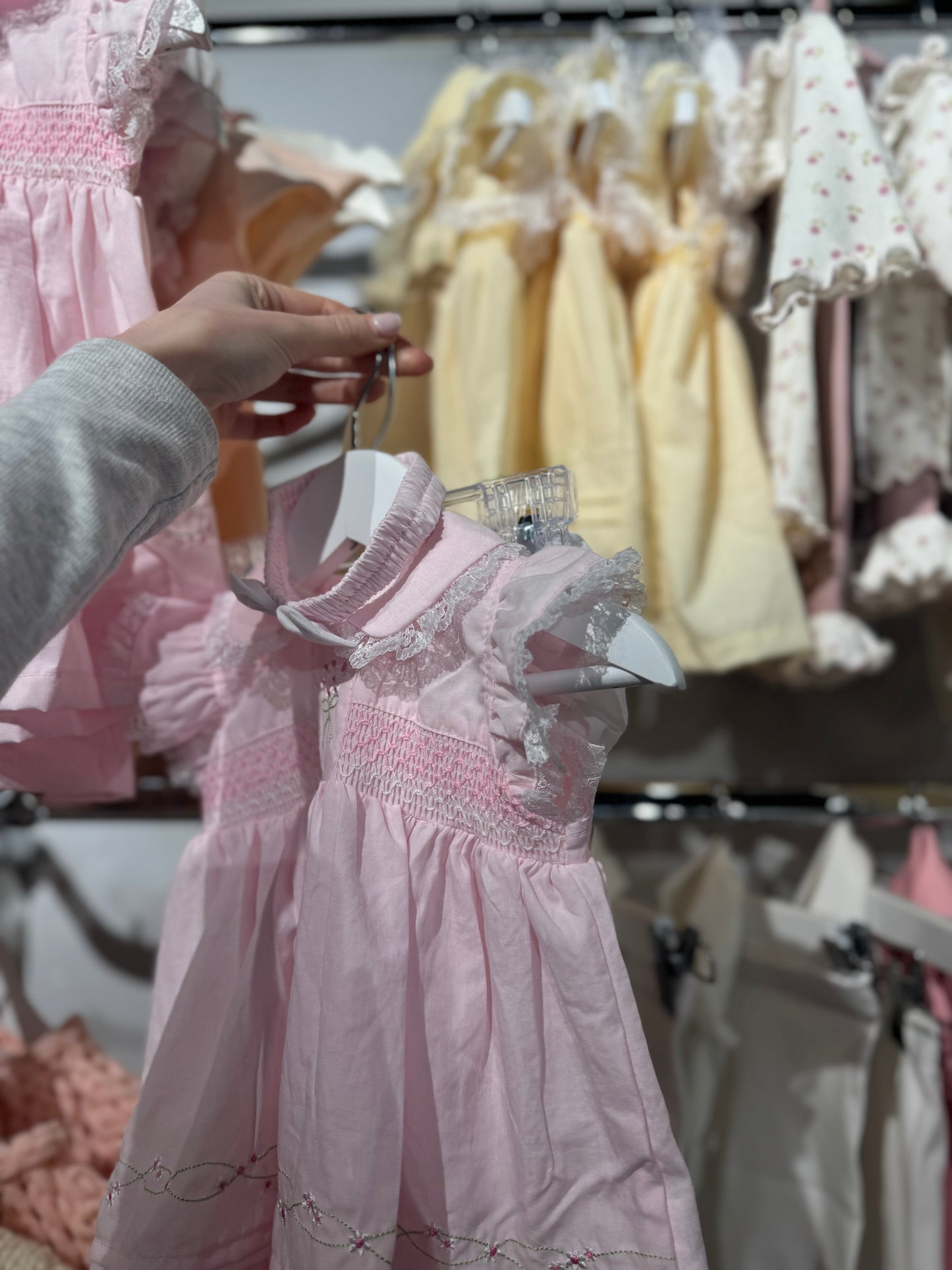 In stock summer lace pink embroidered flower dress and white frill bloomer set