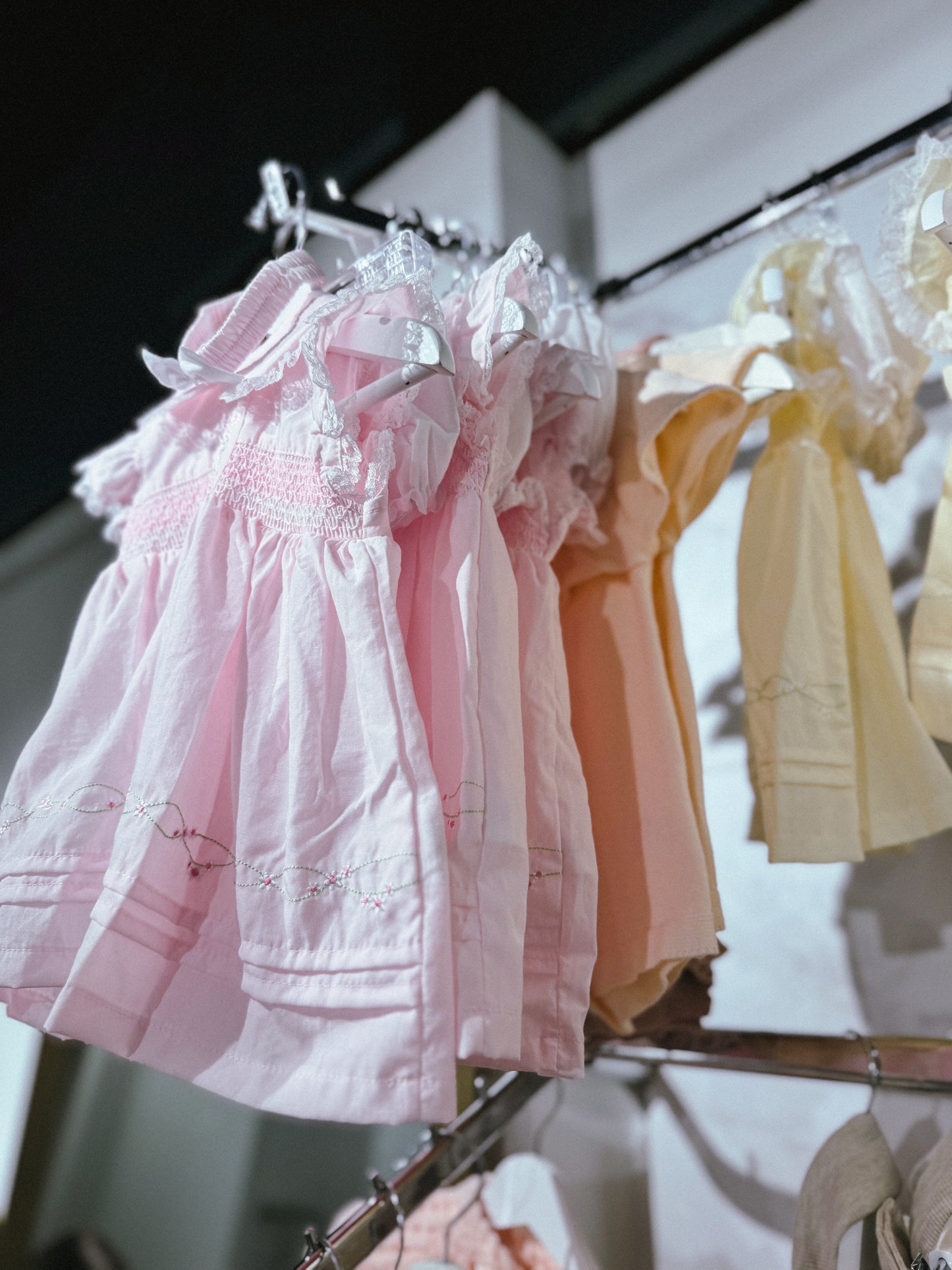 In stock summer lace pink embroidered flower dress and white frill bloomer set