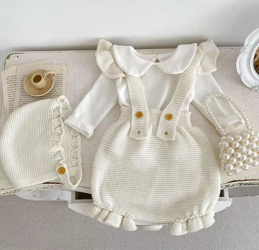 Pre order knit romper and bonnet set