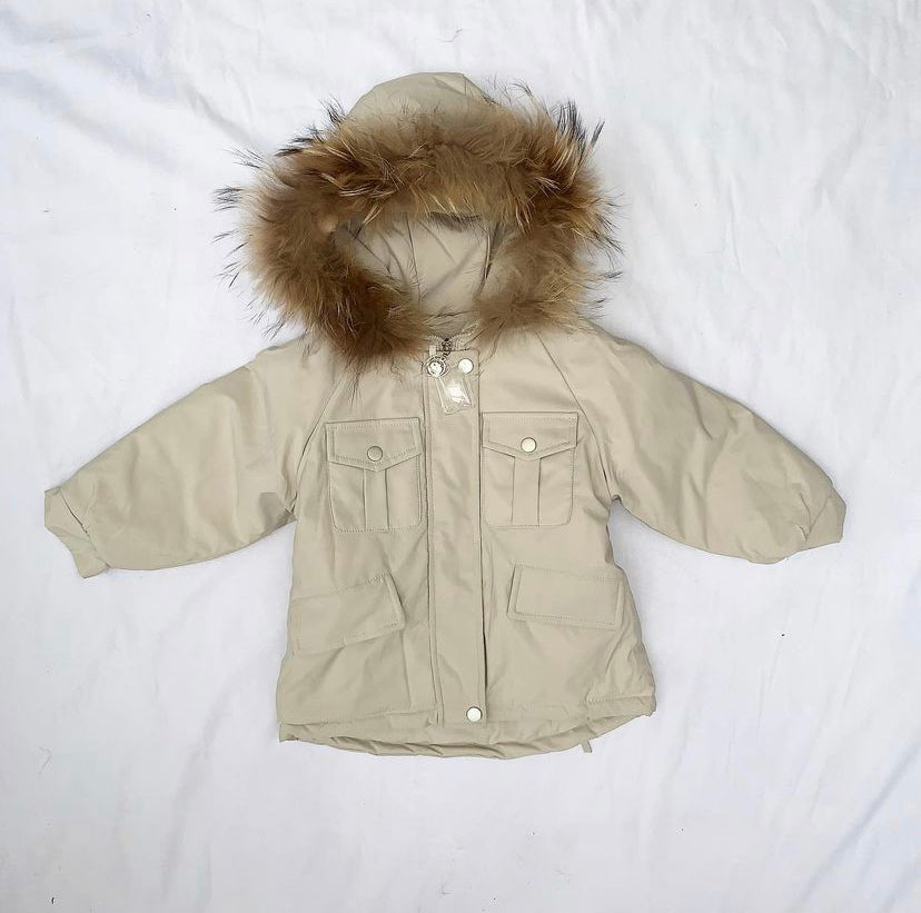 Duck down snowsuit set with a faux fur trim