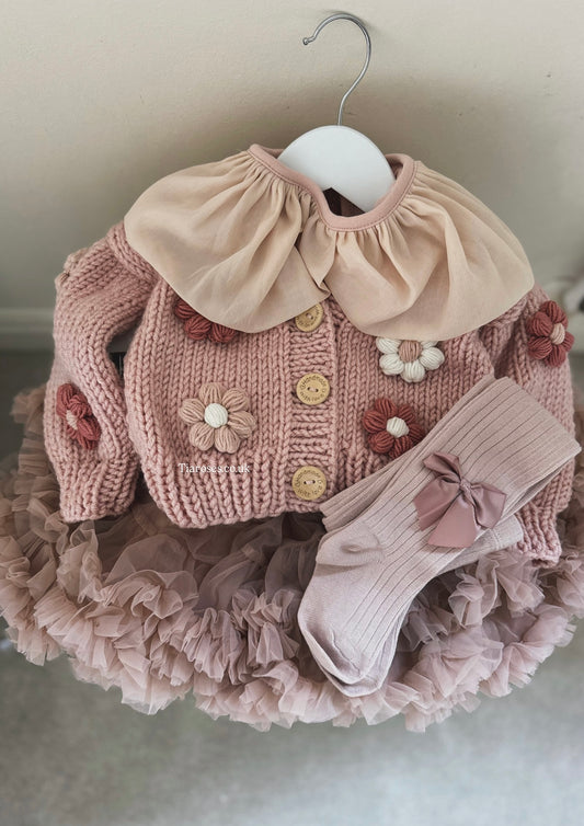 Handknitted pink flower cardigan, top, tutu and tights 4 piece set