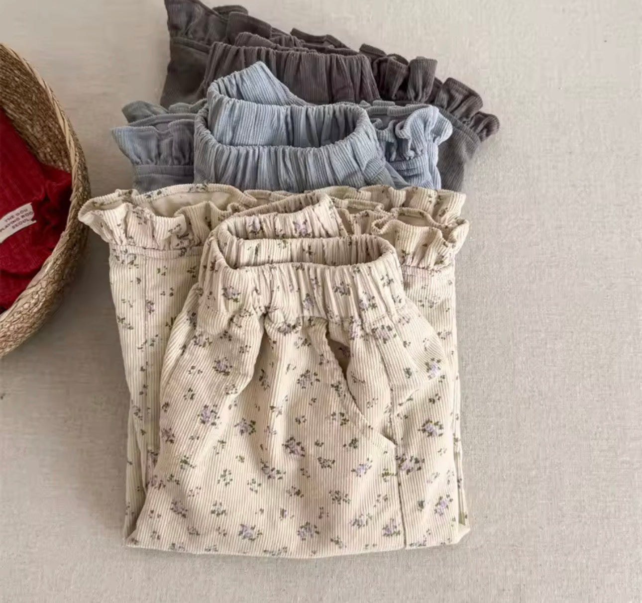 Corduroy frill trim trousers
