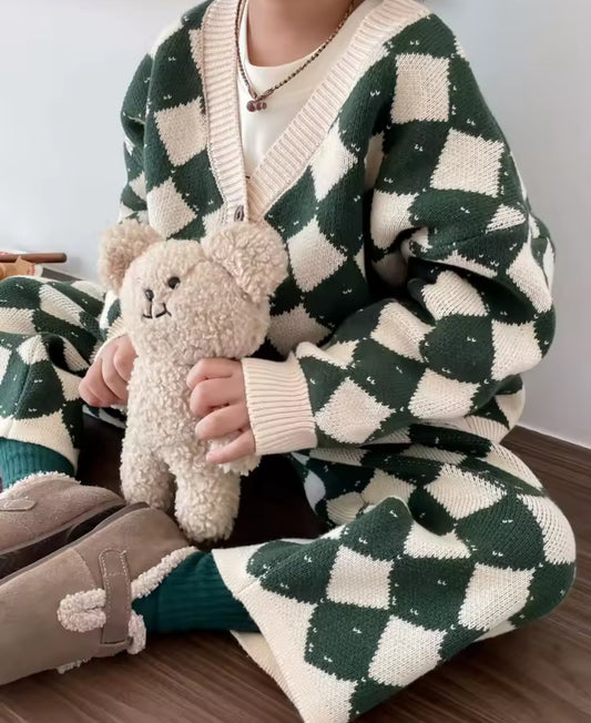 Green chequered knit top and trouser set