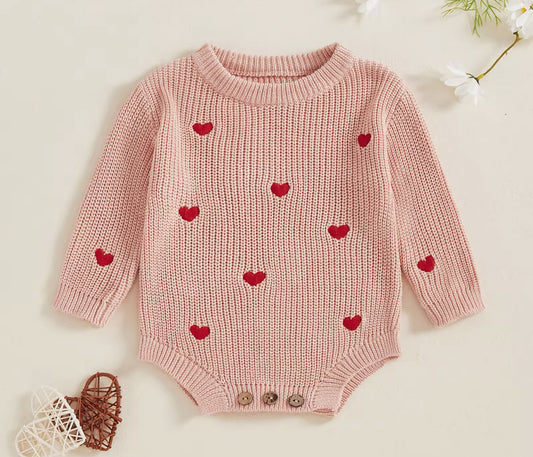 Pre order Valentines chunky knit embroidered heart rompers