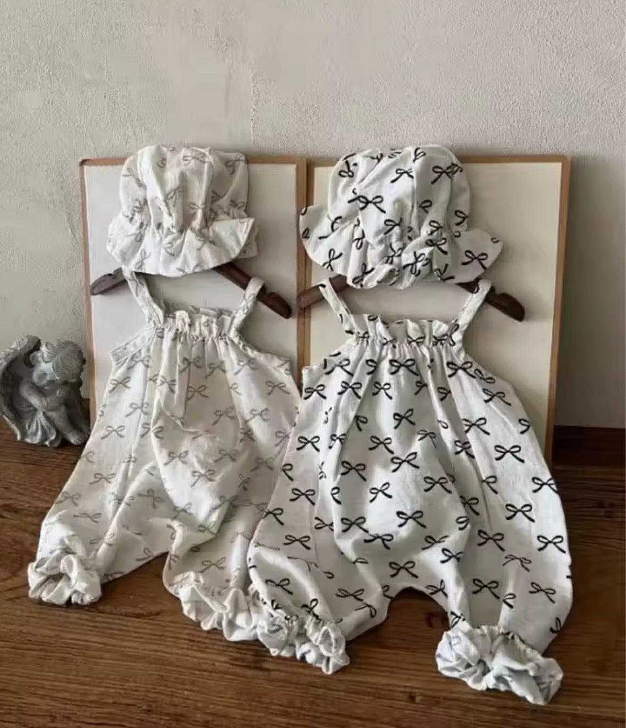 Bow print jumpsuit and matching hat set