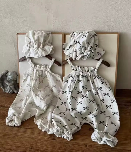 Bow print jumpsuit and matching hat set
