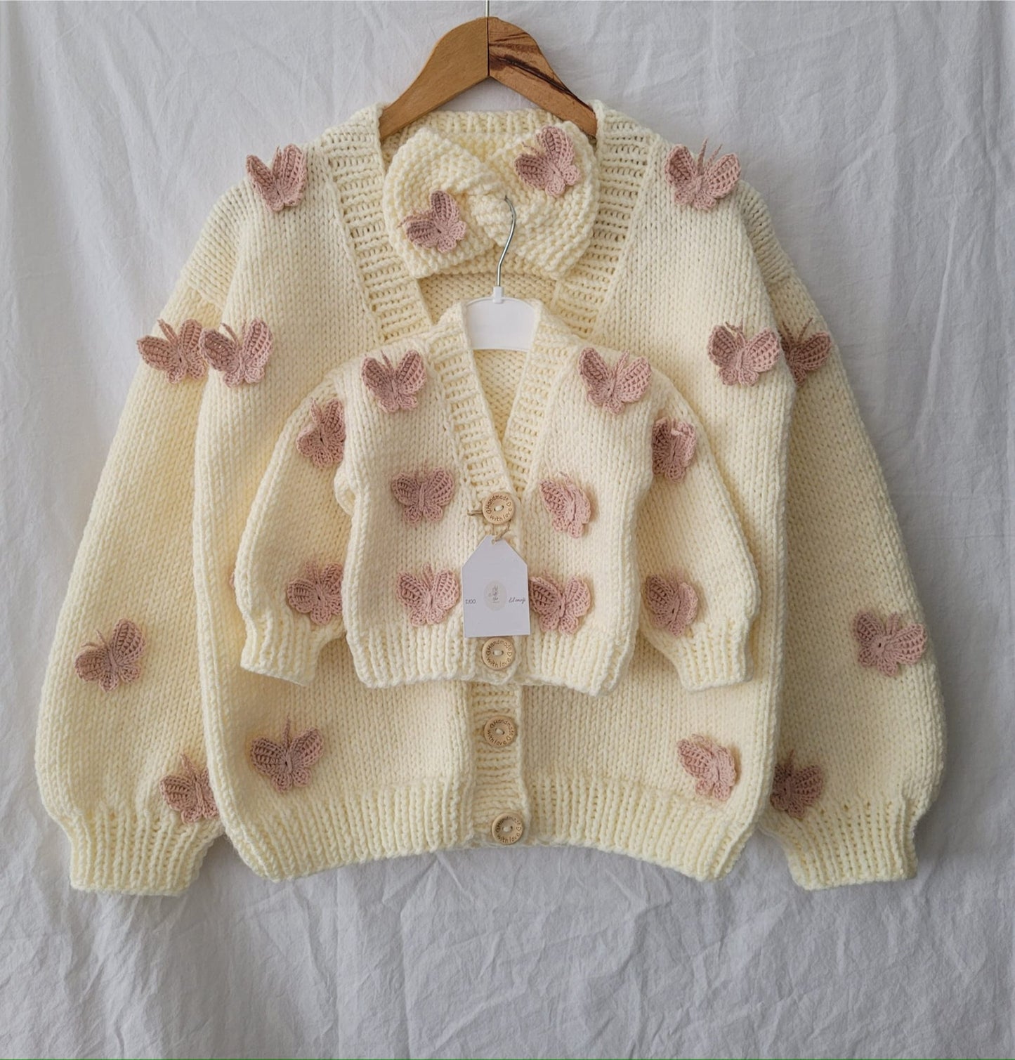 Mama and me handknitted butterfly 2 cardigan set
