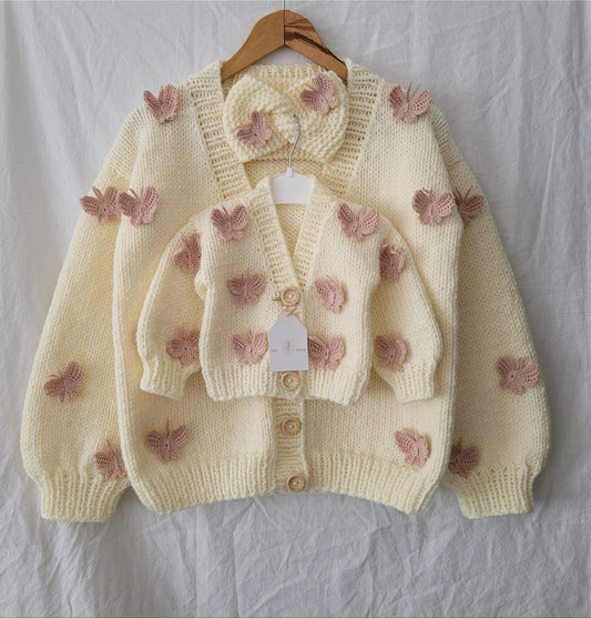 Mama and me handknitted butterfly 2 cardigan set