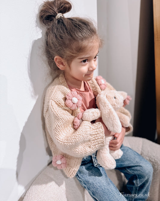Beige flowers hand knitted cardigan