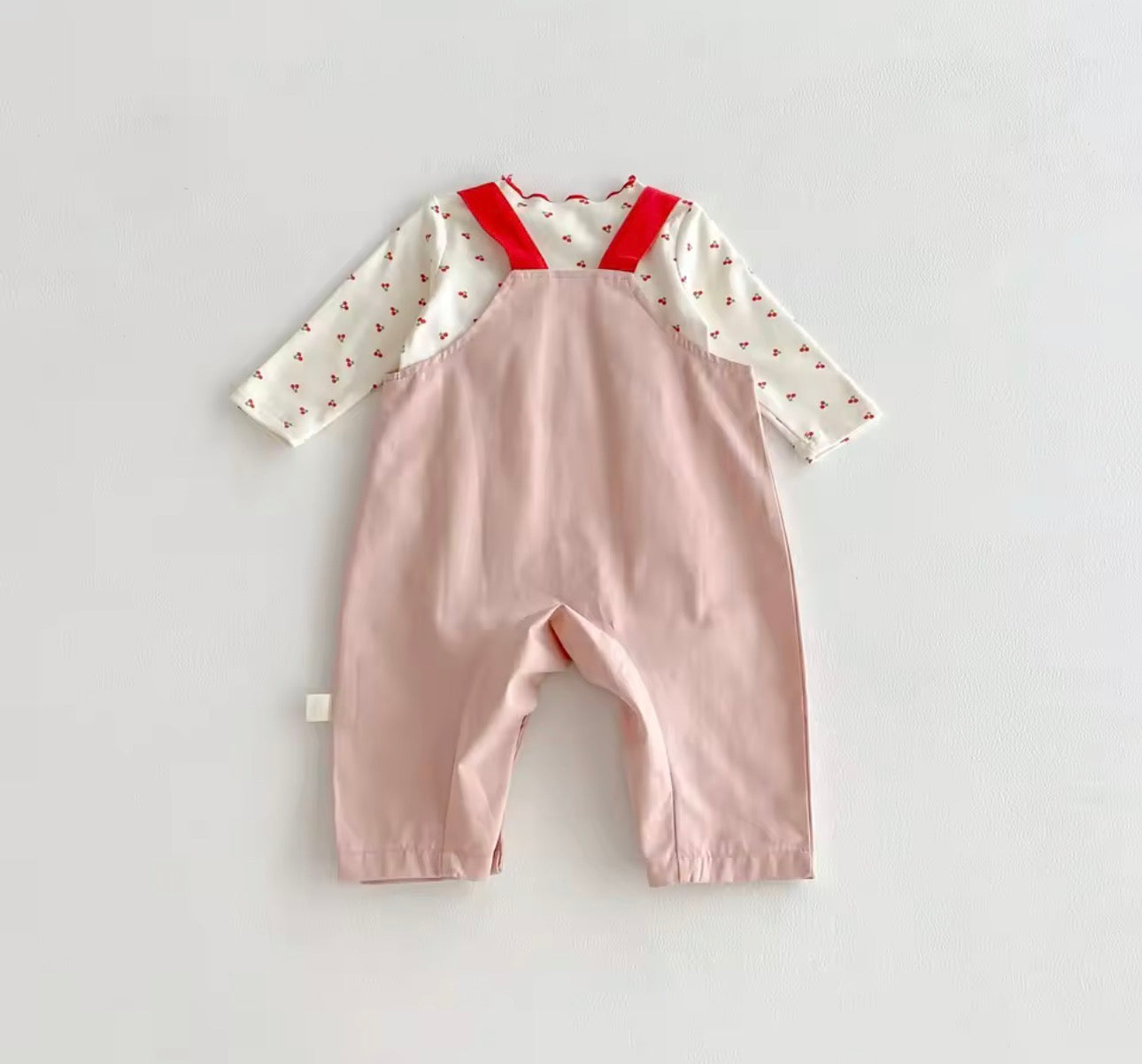 Cherry print cotton top & pink dungaree set
