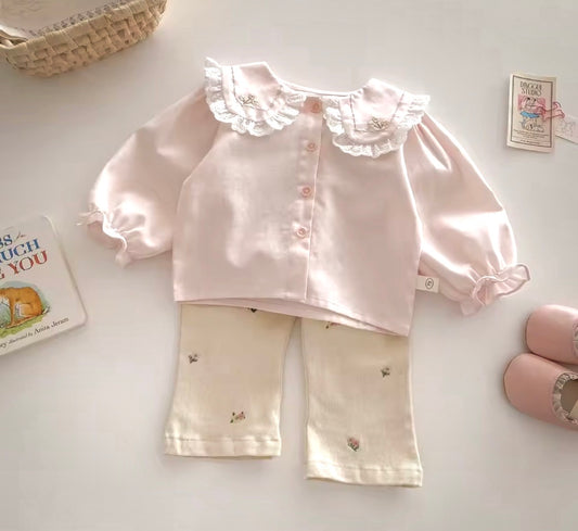 Baby pink flower embroidered collar top and cream jeans set