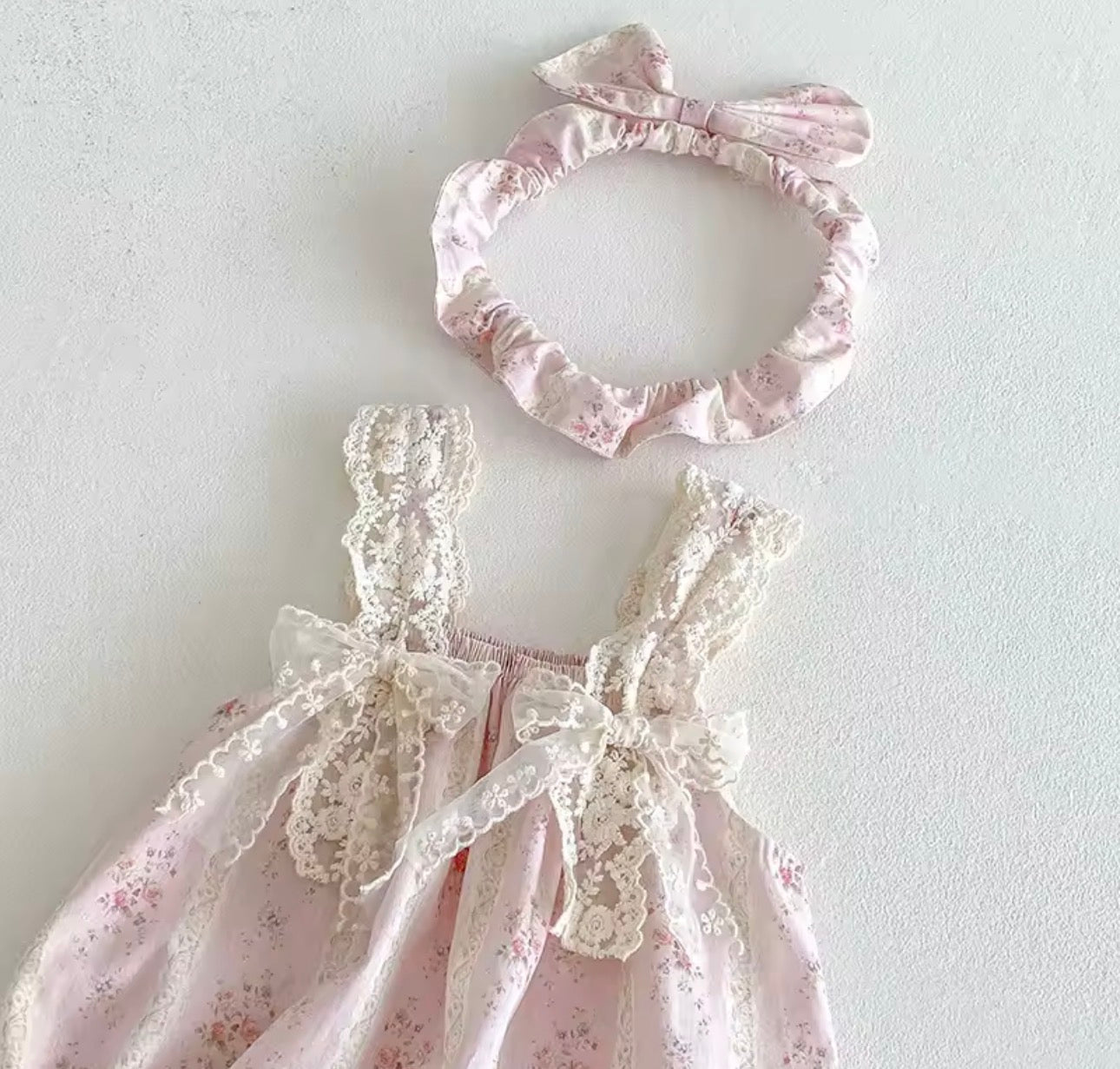 Pink floral lace romper/dress & headband