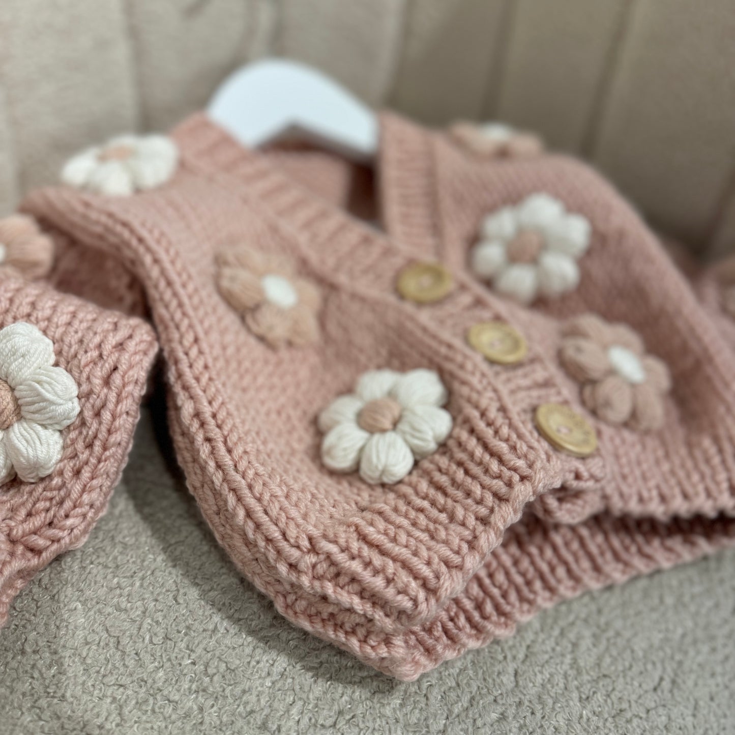 Pre order handknit flower pink cardigans (flowers on arms and front)