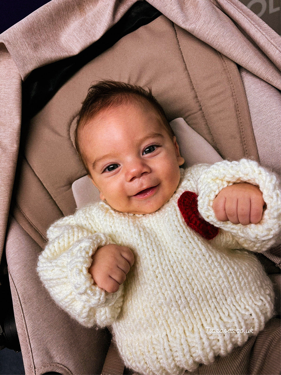 Handknitted corner heart cream jumper in stock