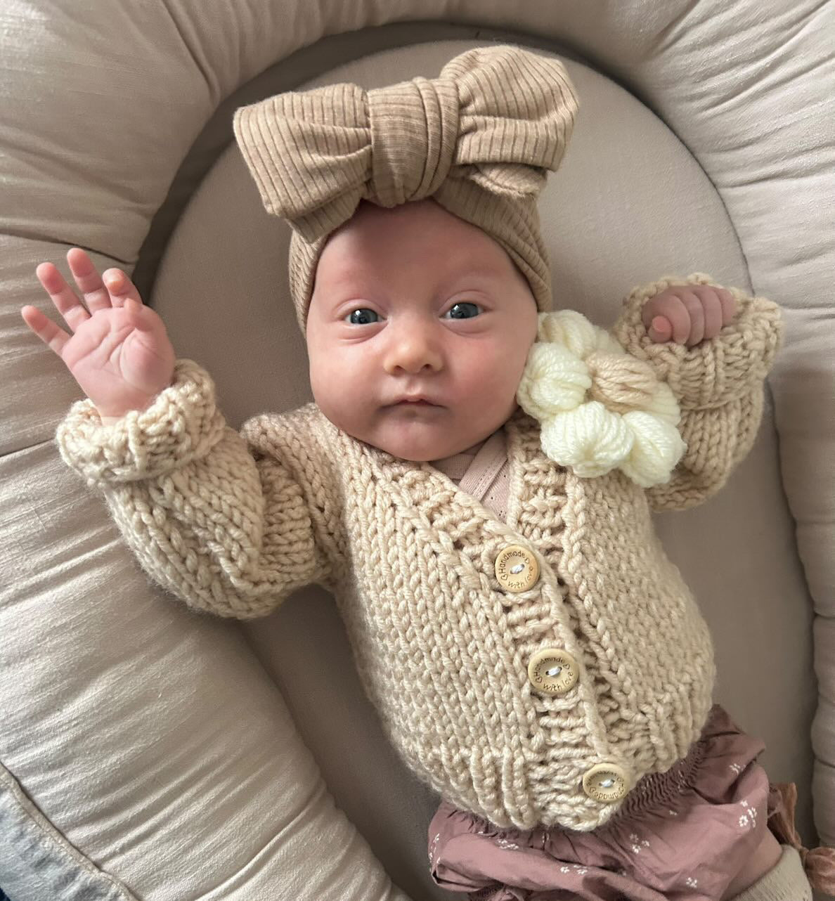 Handknitted beige chunky flower cardigan