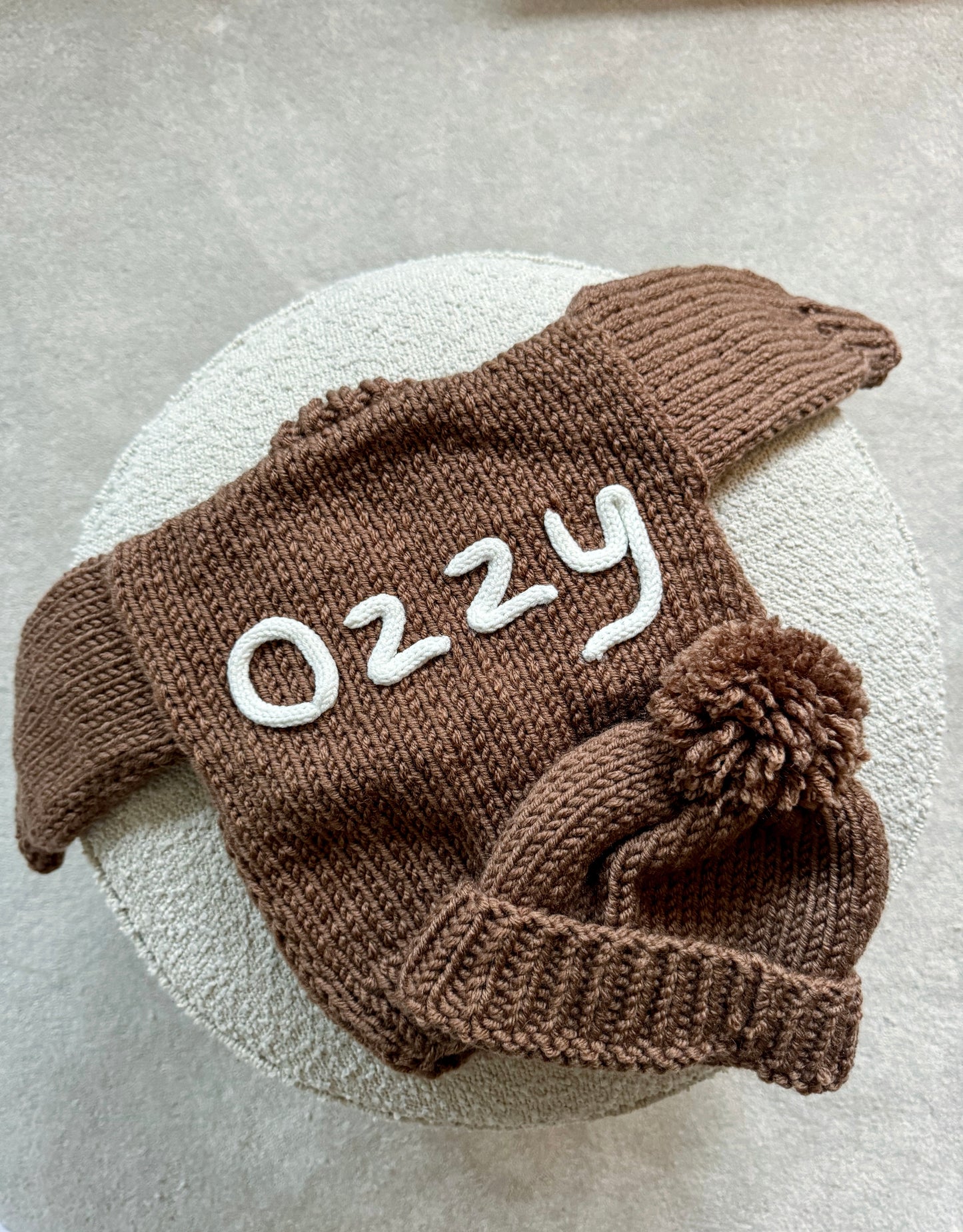 Handknitted name cardigan & hat set