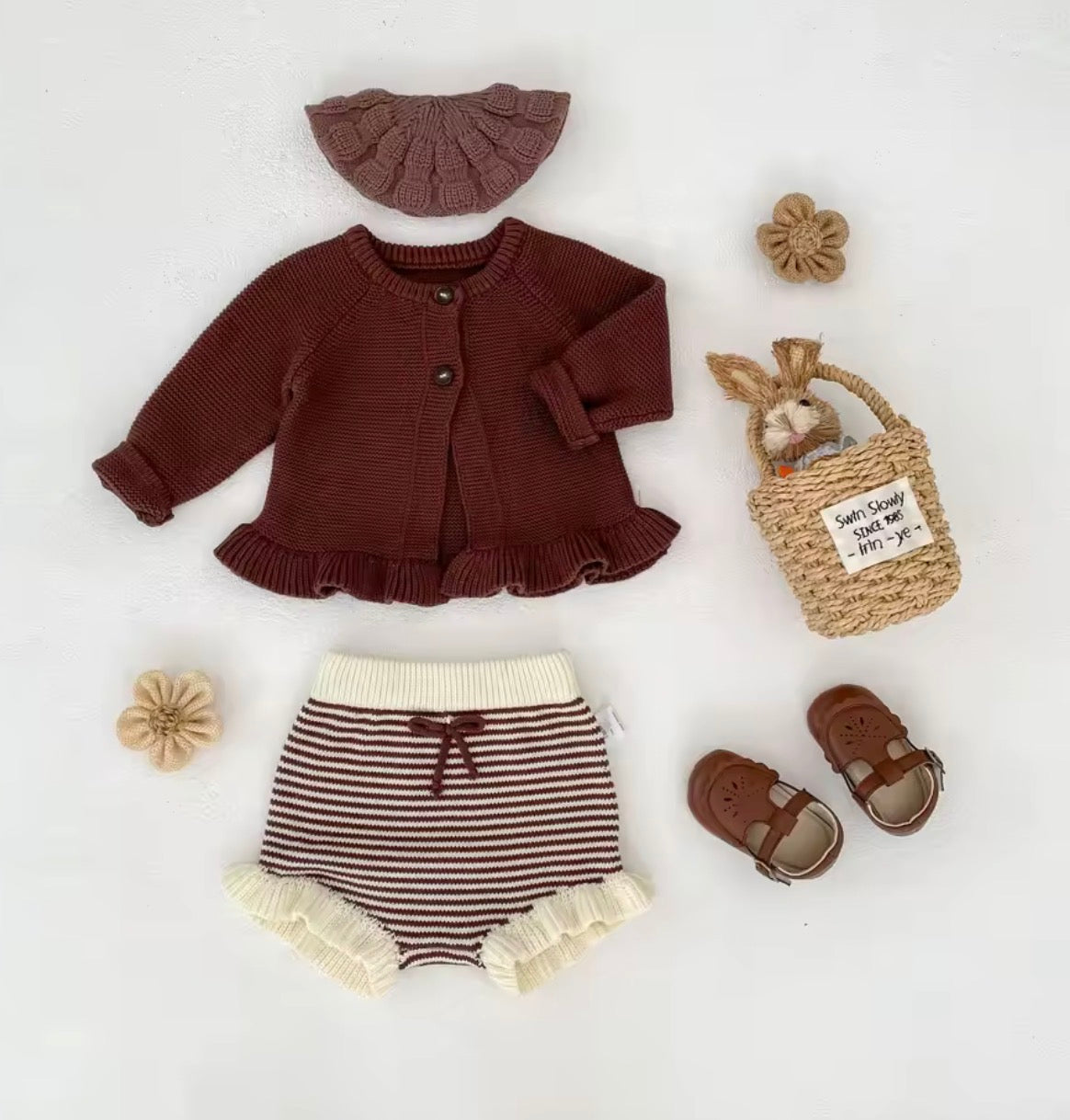 Burgundy knit two piece cardigan and bloomer set