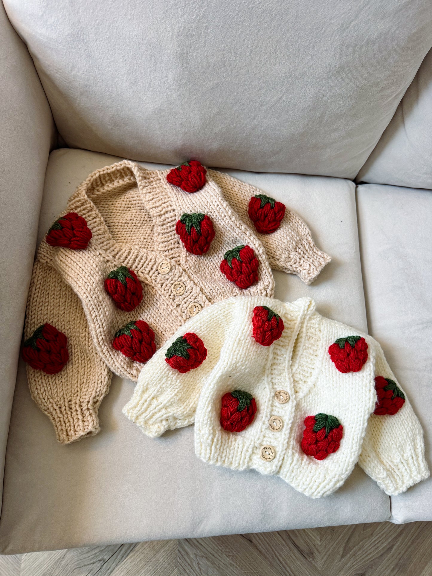 In stock handknitted strawberry cardigan beige