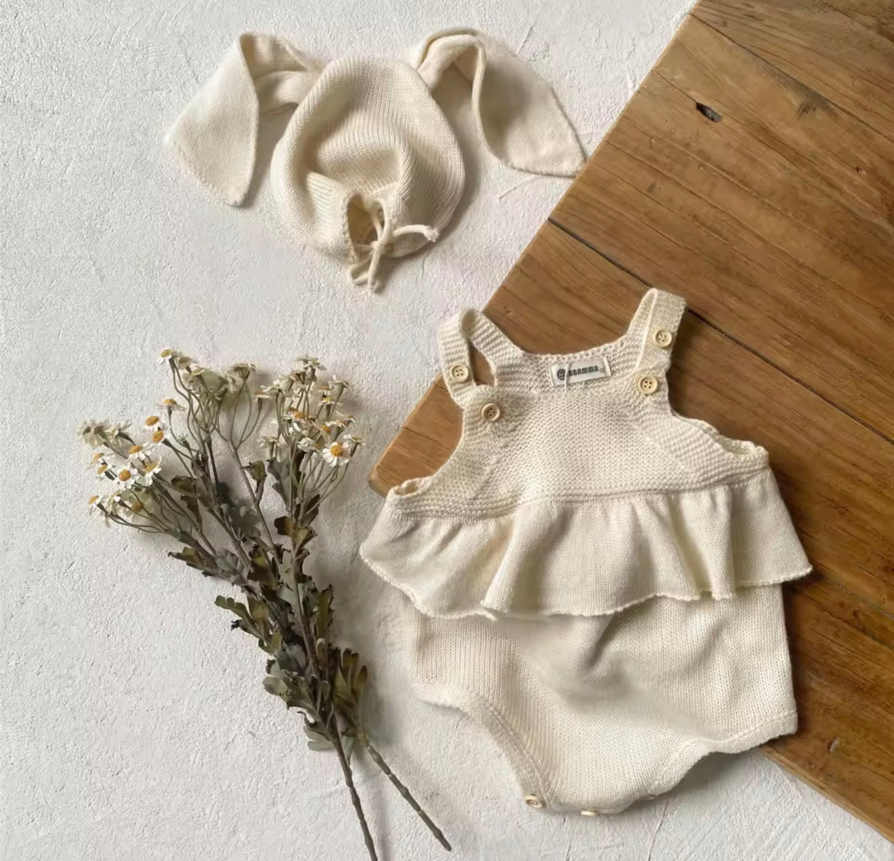 Soft cream knit romper and bunny hat