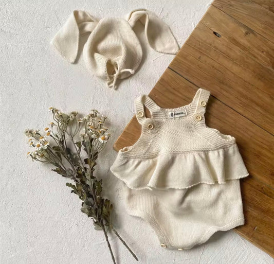 Soft cream knit romper and bunny hat