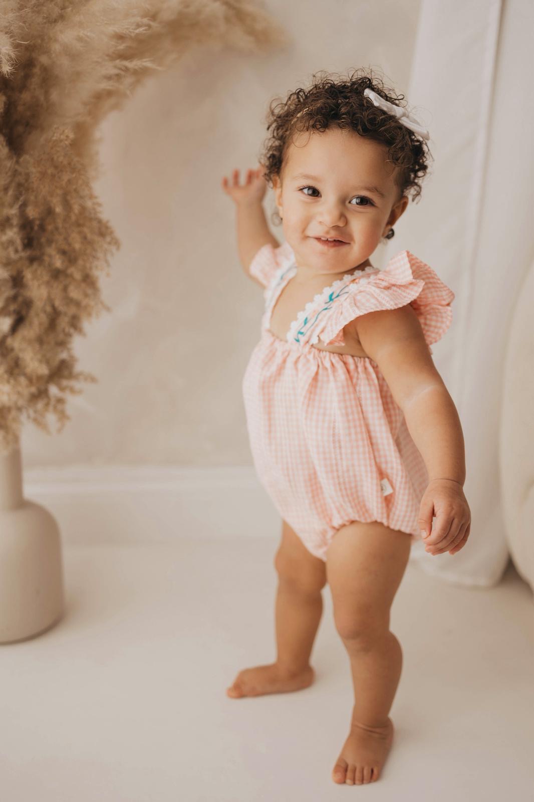 Pink gingham embroidered flower detail romper & headband