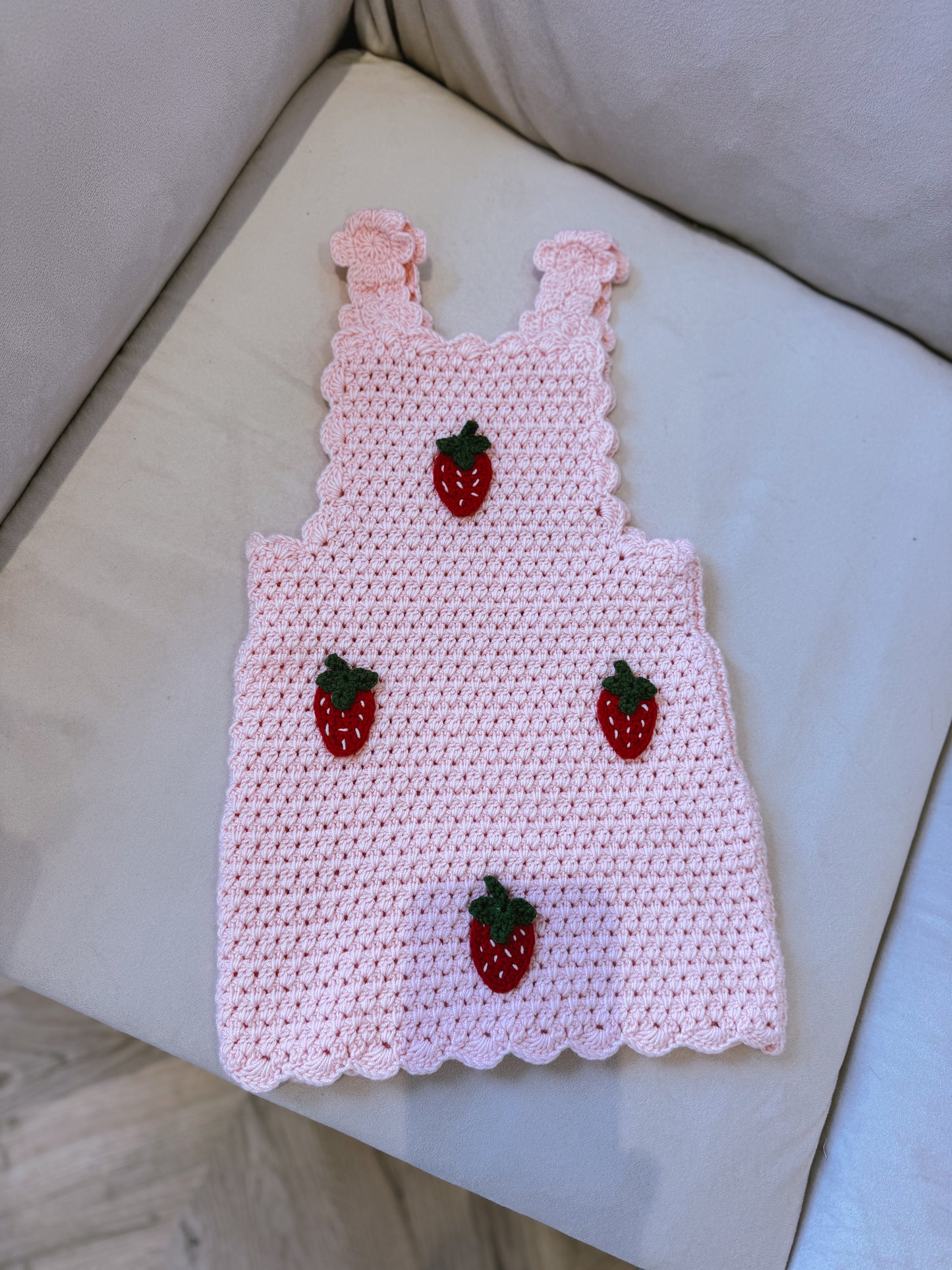 Hand crochet thick strawberry dress baby pink