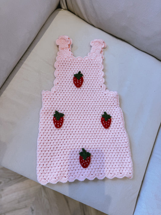 Hand crochet thick strawberry dress baby pink
