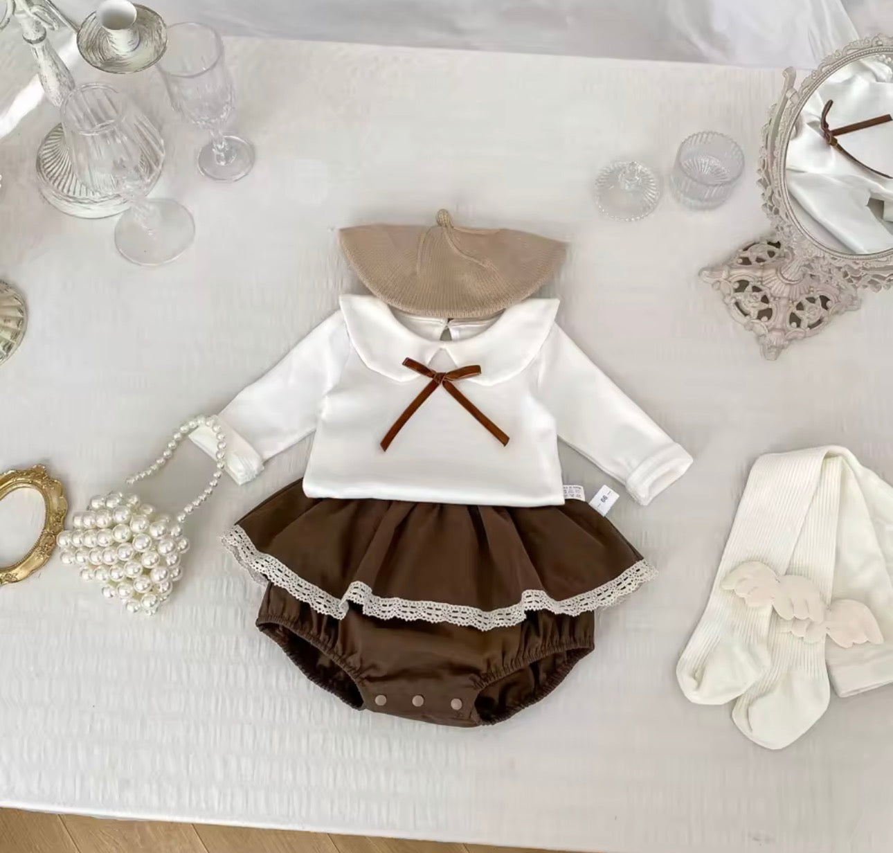 Two piece velvet bow cotton top and matching bloomers