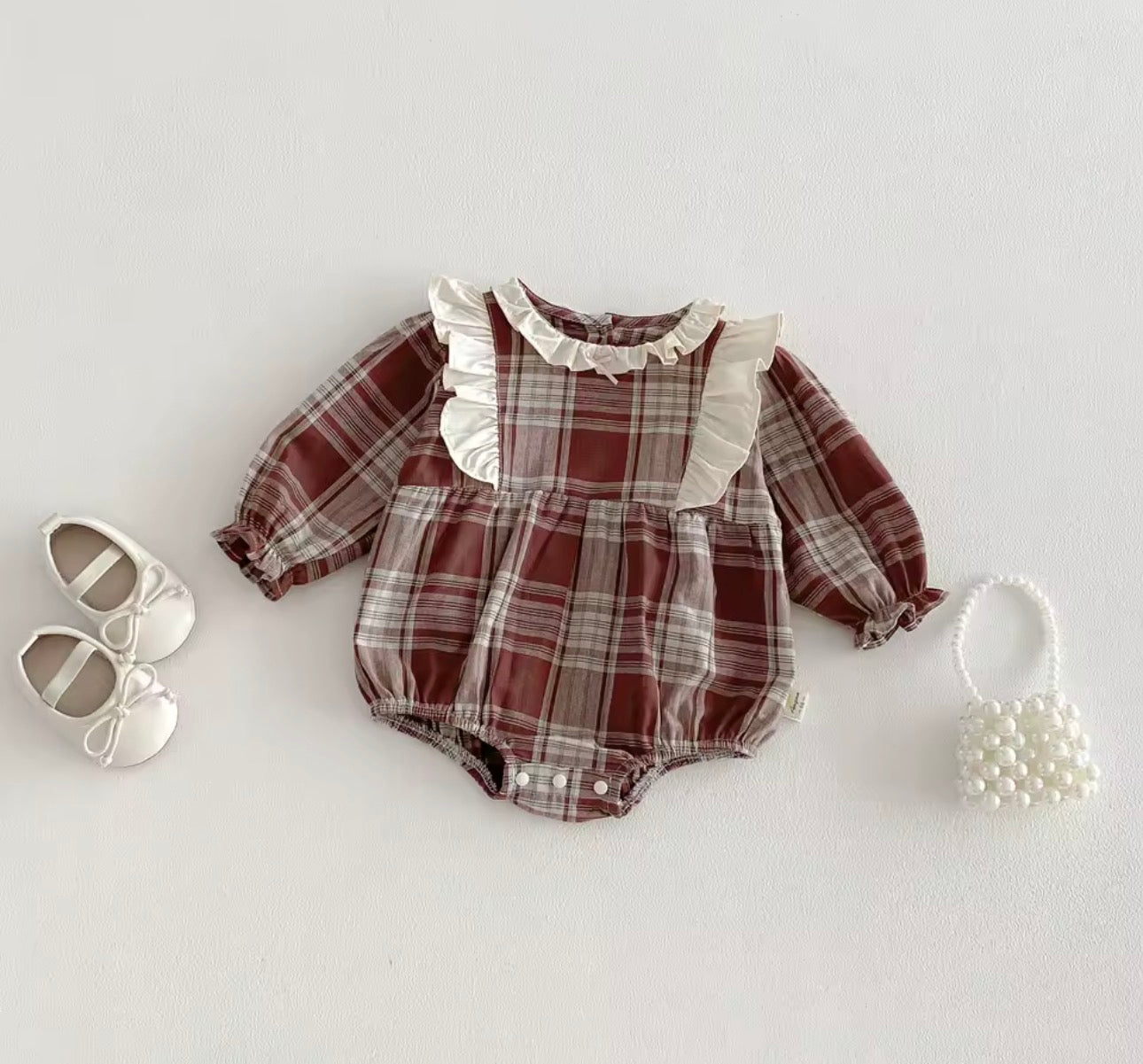 Burgundy chequered frill romper
